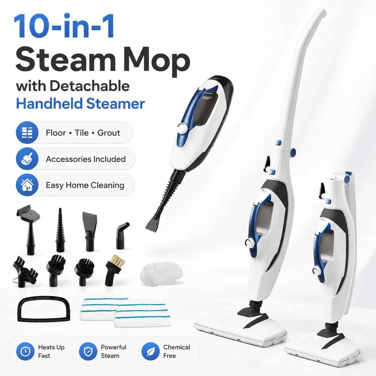 GLEEHILL 10-in-1 Corded Steam Mop - Portable Handheld Steambot with Fast Heating, Window Squeegee, Grout Brush, Ironing Head for Home Floors, Garment Cleaning, Heavy-Duty Household Cleaning Tool