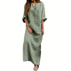 NewNew European and American Cotton and linen yarn dyed striped loose long dress