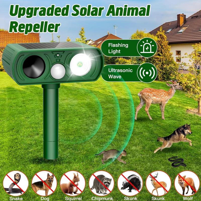 Solar Powered Ultrasonic Animal Repellent - Outdoor Safe Cat Repellent with Infrared Motion Sensor - Waterproof Deterrent to Scare Away Skunks, Rabbits, Raccoons, Snakes, Dogs, Bears, and Squirrels for Yards