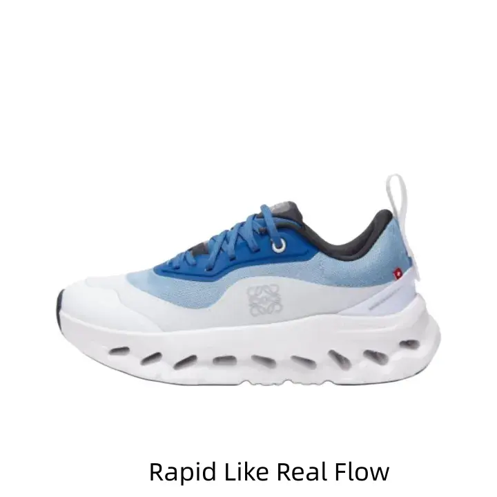 Blue Gradient White Mesh Low Top Collectible Running Sneakers Curved Hollow Chunky White Midsole Dark Blue Lace Accent Hobby Display Fresh Ocean Tone Sports Footwear