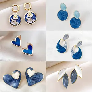 6Pairs/Pack Jewelry Blue Series Oil-Drop Heart Leaf Droplet Earrings, Low Allergy Earrings, Noble Elegant Banquet Earrings, Wedding Bridesmaid Earrings, Good Gifts For Christmas For Mom/Grandma  earring stack