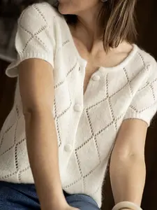 French Gentle Style Knit Cardigan, Breathable Soft, Short Sleeve Hollow Texture, Round Neck Button Design, Casual Fitted Top for Spring Summer Fall Womenswear