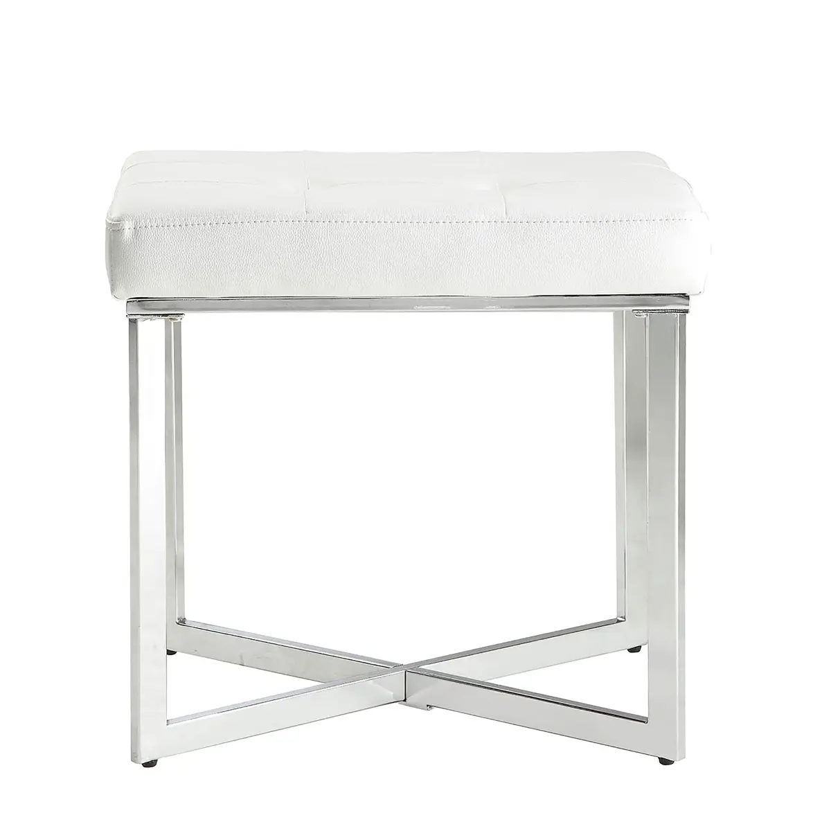 Carolina Cottage Tufted Seat Faux Leather Vanity Bench - Modern, Chic Design - White & Chrome Metal Frame - 20x16x19 in., 15 Lbs