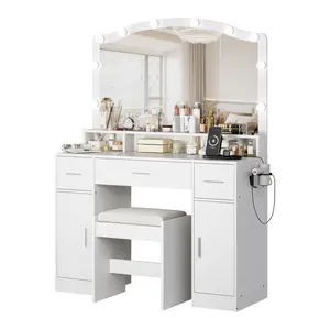 Dressing Table for Women/Girls Bedroom – Includes Stool, Charging Station with AC/USB, 10 Adjustable LED Mirror, plus Vanity Desk with LED Lights, Storage, 3 Drawers & 2 Cabinets.