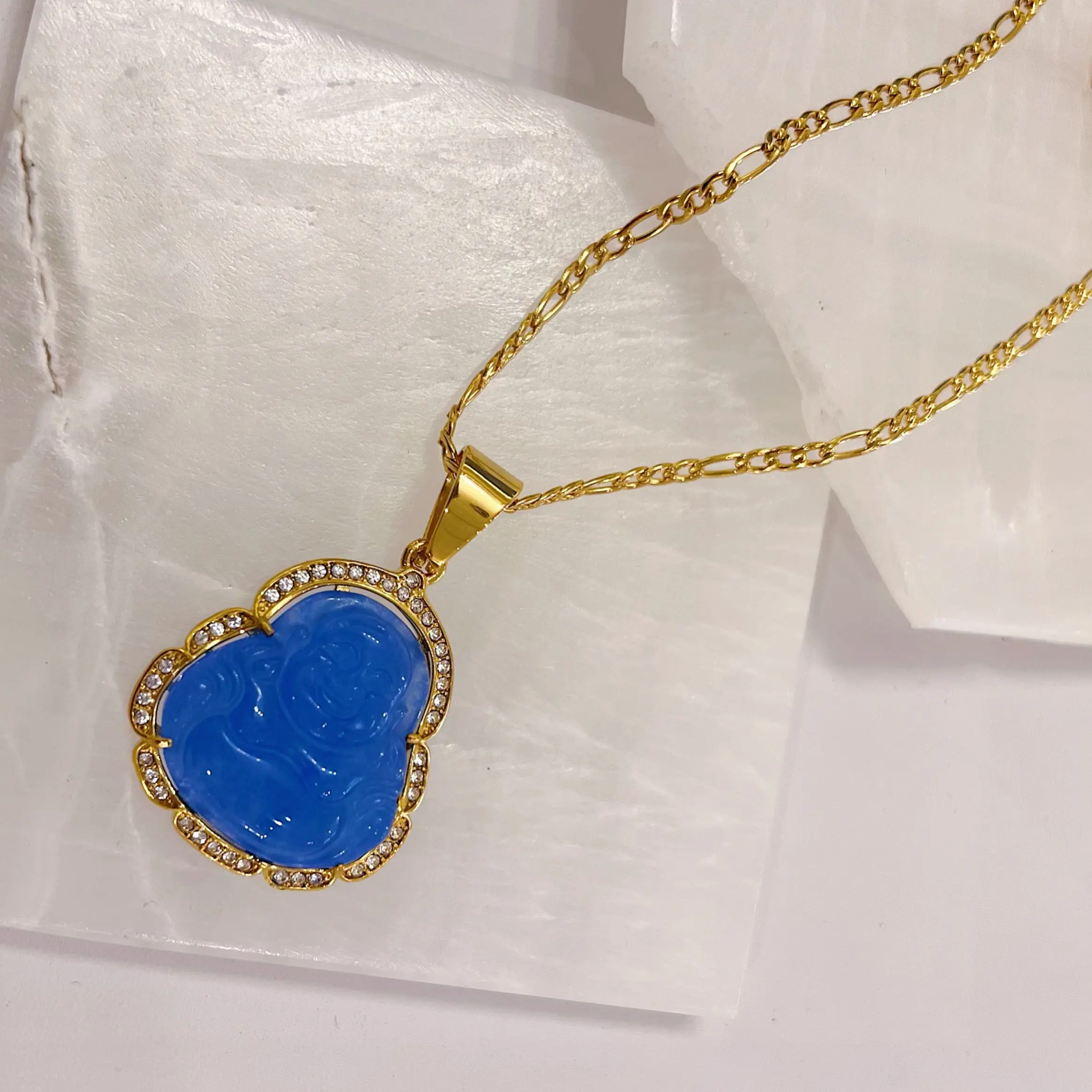 CRYSTAL OCEAN BLUE BUDDHA GOLD STEEL necklace