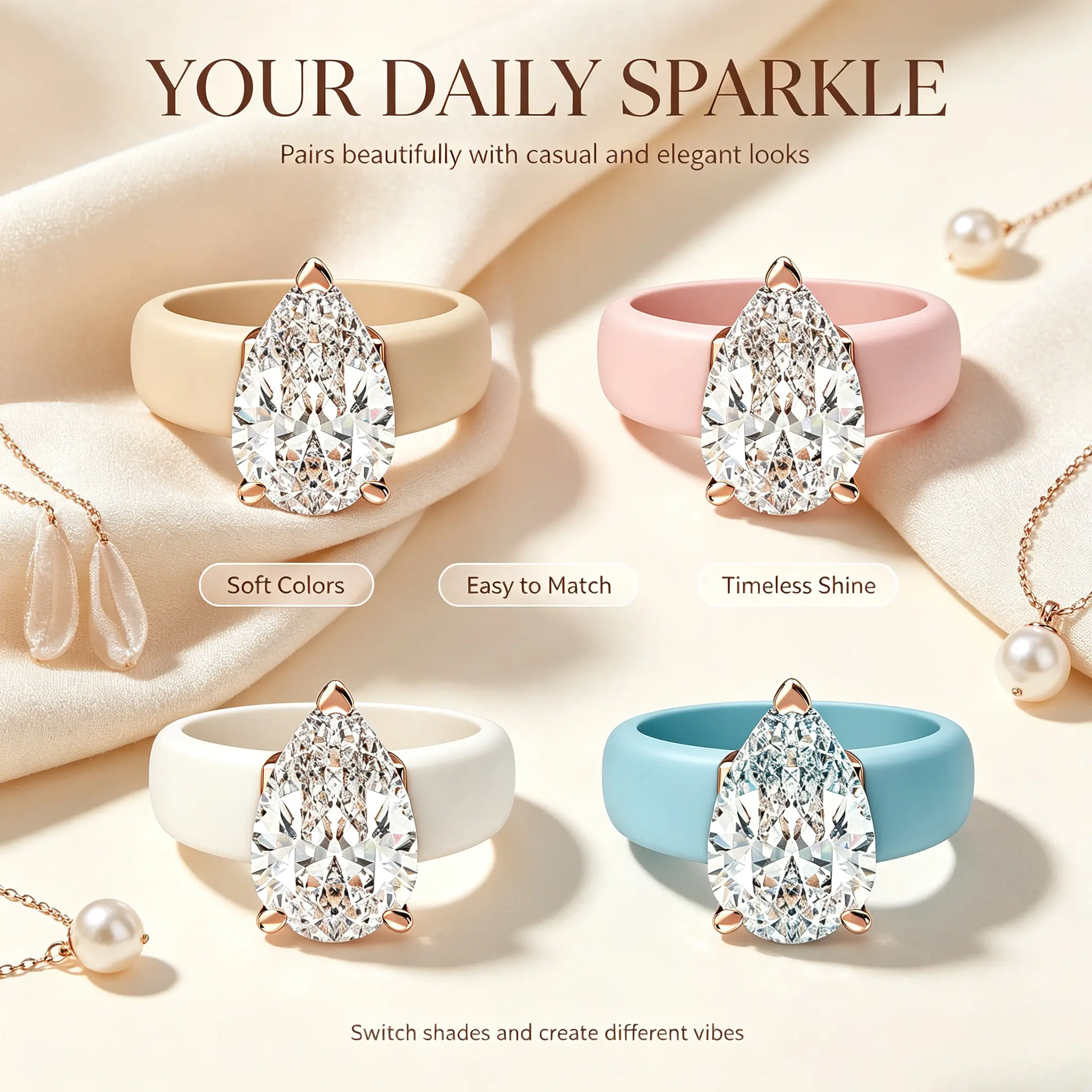 Women’s Luxury Look Silicone Costume Jewelry Ring - Marquise Cut CZ Stone, Rose Gold Prong Setting, Flexible Multi-Size Band for Sports, Daily Wear
