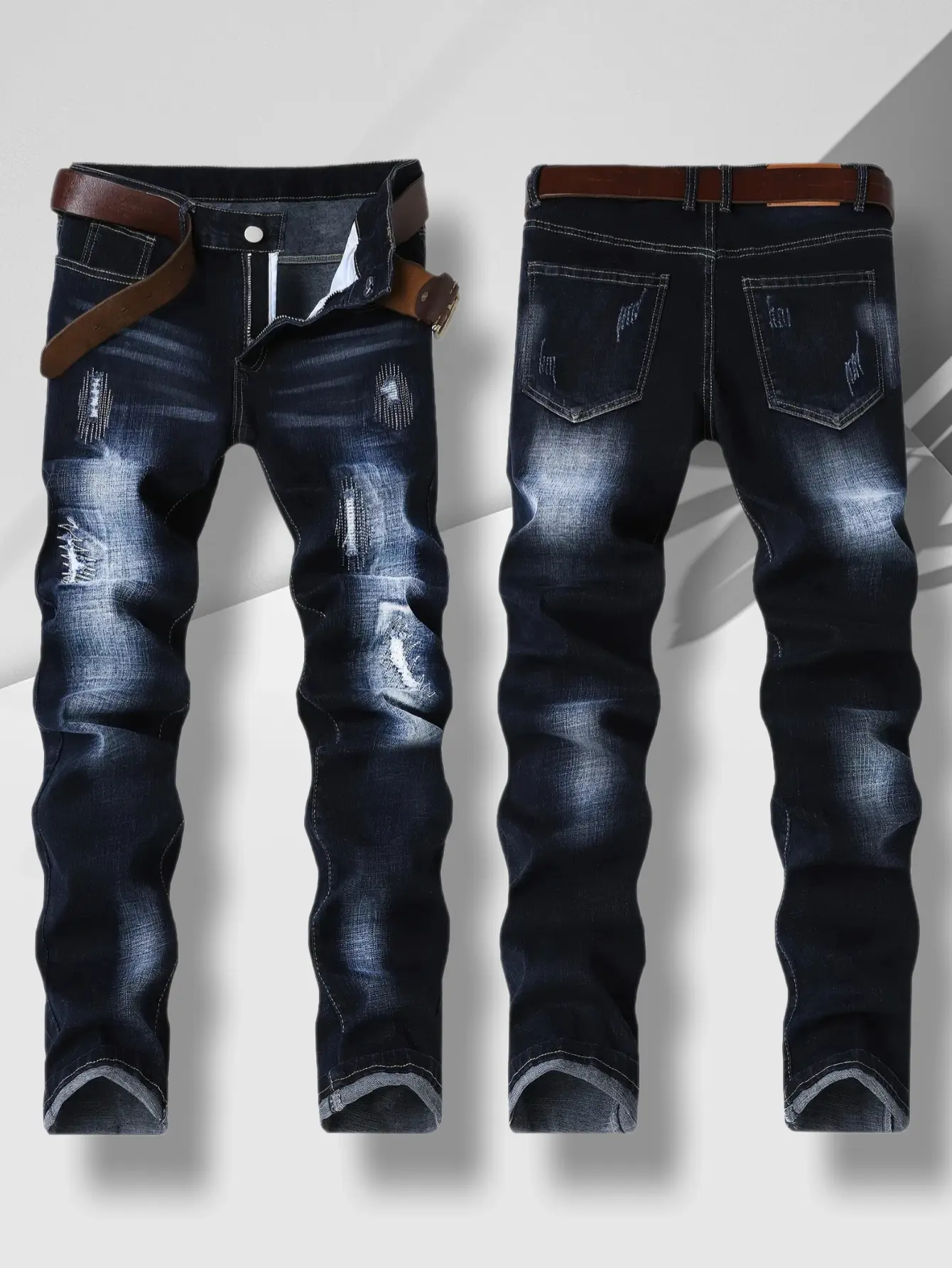Men's jeans, stretch ripped jeans, embroidered denim, street pants, slim fit, dark blue distressed men's pants, suitable for all seasons compression  pants  ripped  jeans jeans  n  s through it high street jean fashion boy summer kuul  garments