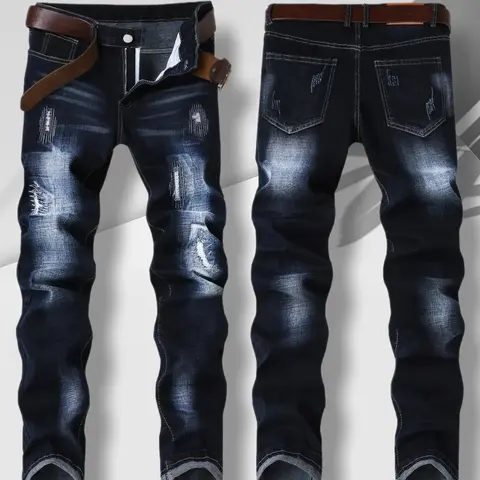 Men's Slim Fit Stretch Mid Waist Denim Jeans - Ripped, Embroidered Dark Blue, Distressed Buttons, Tie Dye, Alt-Style Casual Basic All Seasons Menswear Bottoms - Pairs with Sweatshirt/Blazer, Ideal for Halloween