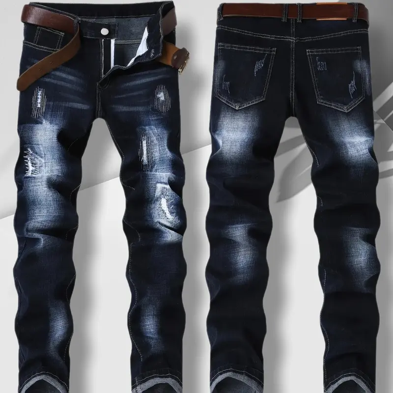 Men's Slim Fit Stretch Mid Waist Denim Jeans - Ripped, Embroidered Dark Blue, Distressed Buttons, Tie Dye, Alt-Style Casual Basic All Seasons Menswear Bottoms - Pairs with Sweatshirt/Blazer, Ideal for Halloween