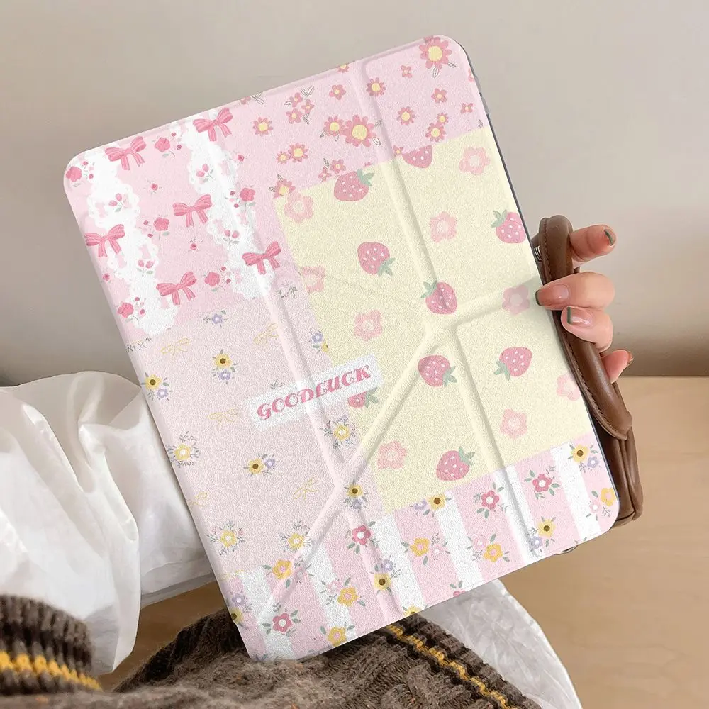 Strawberry Splicing Cute Cartoon Case For iPad 10th 11th A16 10.9 Air 11 13 M2 M3 Mini 6 Pro 11 7th 8th 9th 10.2 Air 4 Air 5 10.9 Pro 12.9 Samsung Galaxy Tab Redmi Xiaomi Pad  Huawei MatePad Auto Sleep Awake Pencil Slot Tablet Accessories