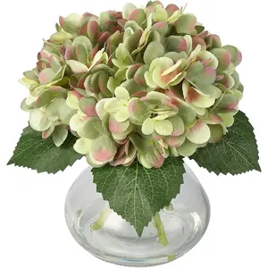 Artificial Hydrangea Flowers with Glass Vase & Fake Water - Faux Hydrangea for Home Table, Wedding Party, Office Decor | Realistic Fake Hydrangeas, Silk Flowers for Vase Arrangement (Hydrangea, green)