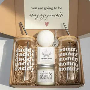 New Parents Gift Basket Pregnancy Postpartum & Baby Shower Gifts for First Time Mom and Dad to Be Gender Reveal Gift for Couples with Mom & Dad Glass Cups