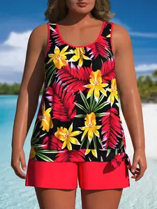 [Floral Print Summer Swimsuit] Red and Black Floral Print Tankini Set - Women's Stretchy Polyester Summer Swimsuit - Machine Washable