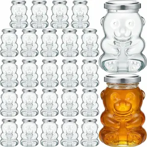 24 Pack 6 oz Glass Bear Shaped Honey Jars with   Small Tilted Bear Glass Bottles Containers Dispenser for Candies, Birthday Wedding Party Favors(Classic, )