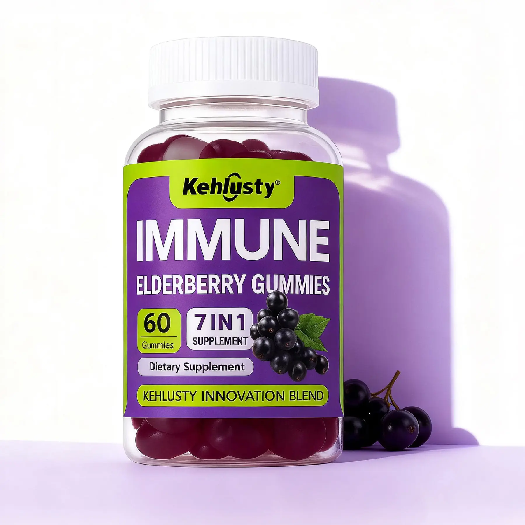 Elderberry Immune Chewable Gummies - 7-in-1 Lactose-Free Natural Multi-Ingredient Inulin Water-Soluble Vitamins Supplements with Vitamin C, Zinc, 60 Count for Women’s Inner Balance & Fitness Support, Multi-Ingredient Vitamins Supplements