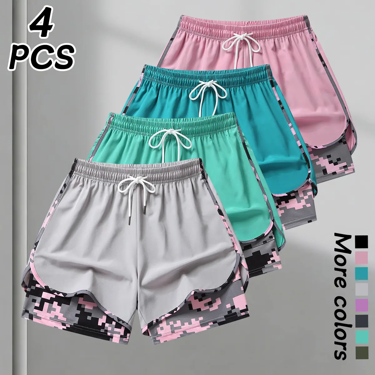 4-pack women’s summer athletic shorts: double-layer faux two-piece mid-length camouflage shorts, breathable quick-dry compression base layer shorts with elastic drawstring waist and side mesh pockets Side Seam Sweatshorts gym shorts