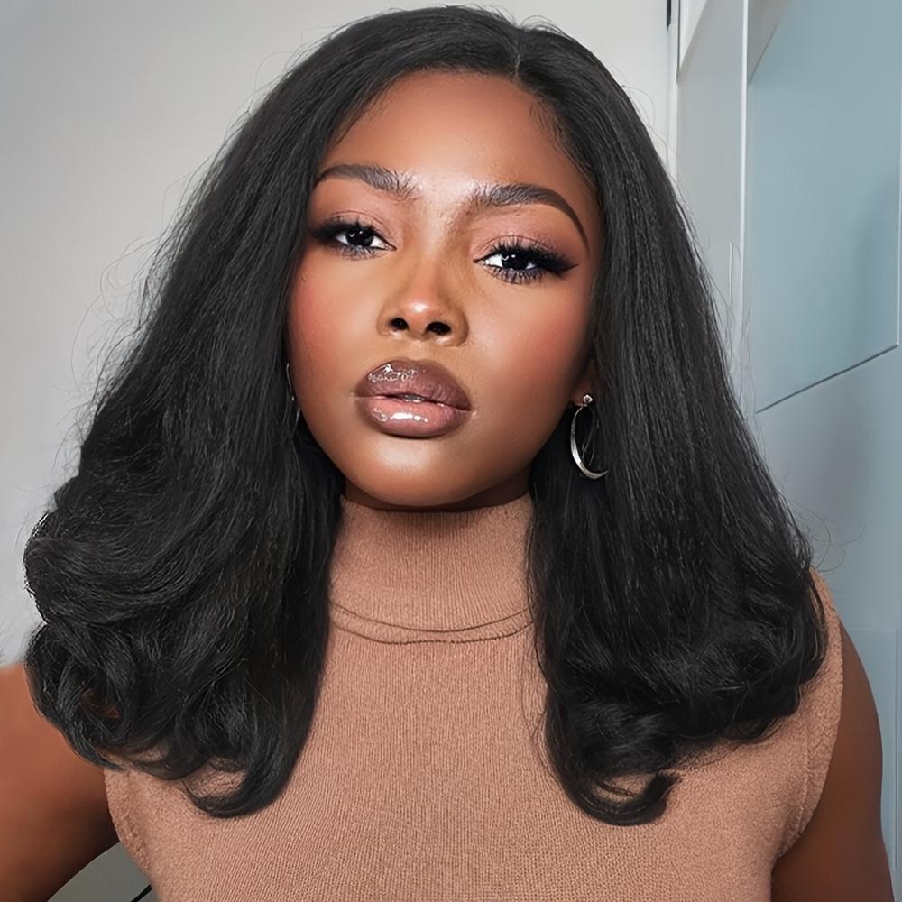 Yaki Curly Wig 4x1 Side Part Synthetic Wig Yaki Textural Body Wave Wig Layered Wavy Wigs for Women Heat Resistant Fiber Daily Life Party or Cosplay Use Women's Day