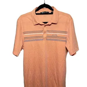 Travis M. Golf Polo MEDIUM - Orange Short Sleeve Shirt with Striped Design and Button Front Closure