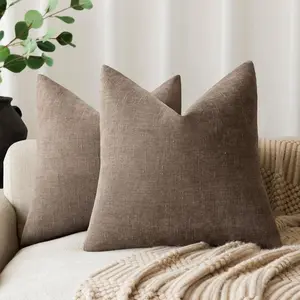 Pack of 2 Soft Textured Throw Decorative Pillow Covers, Square Accent Solid Cushion Covers with Zipper, 18x18 Inches, Taupe-For Couch, Sofa, Bedroom, Living Room