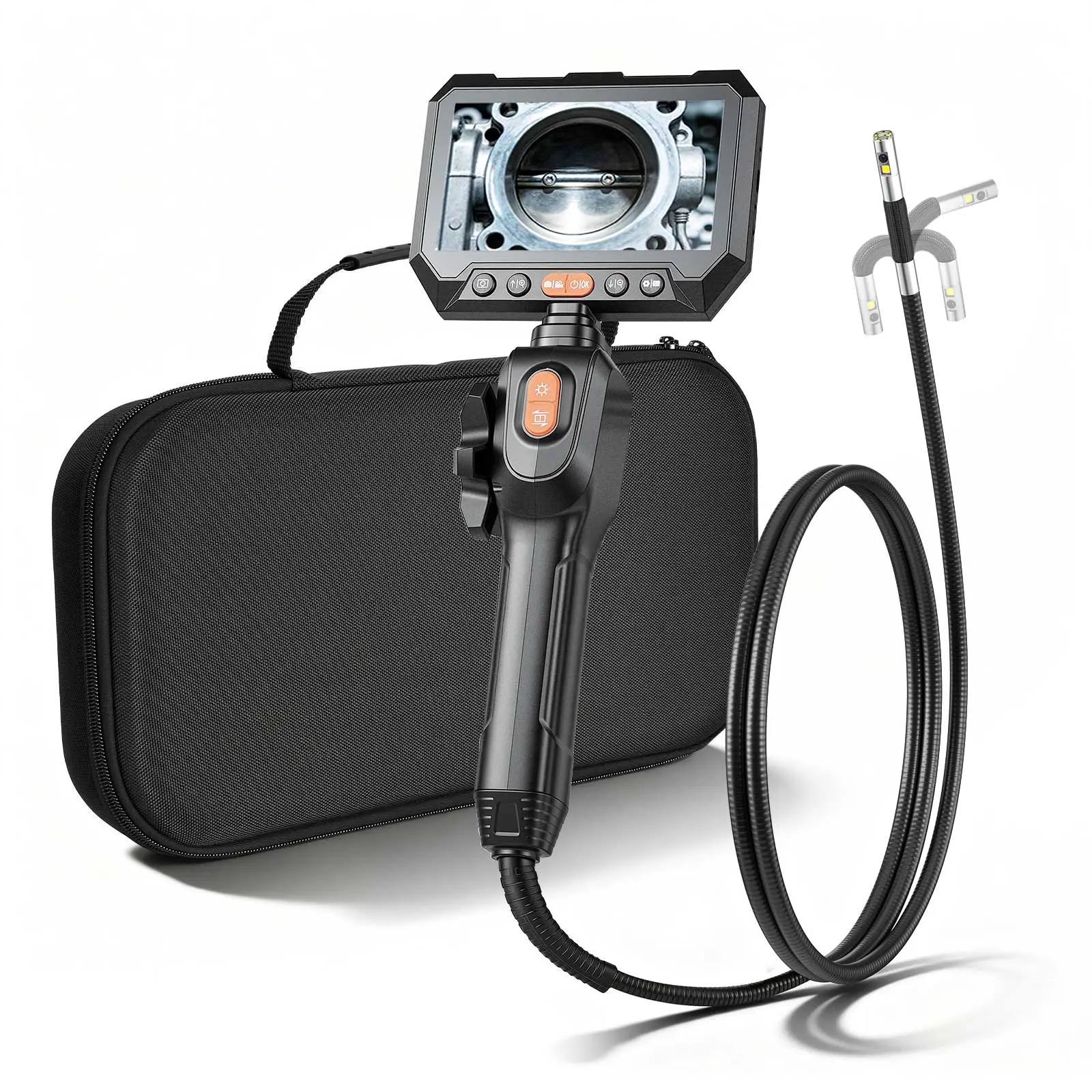 【summerfinds】VEVOR 180° Articulating Dual-Lens Endoscope with 6+1 Adjustable LEDs, 1080P HD 5-Inch IPS Split-Screen Industrial Borescope, 0.24-Inch Slim Lens 4.9FT Rigid Snake Cable Auto Repair Tool with Batteries for HD Clarity Wall Inspection