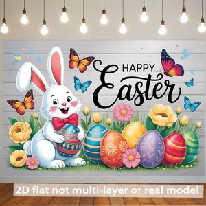1PC,2D Flat Happy Easter Backdrop Cute Bunny Colorful Eggs Butterflies Flowers Decor Cloth Festival Party Photography Background Curtain Birthday Party Event Decoration Backdrop Wall Cloth