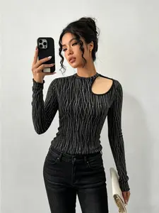 Women's Hollow Out Round Neck Long Sleeve Knit Top, Fine Glitter Vertical Stripes Slim Fit Base Layer Nk-0004-411034