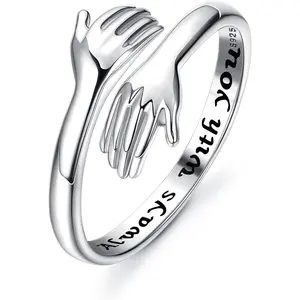 YADOCA 925 Sterling Silver Hug Ring for Women Men Adjustable Hugging Hands Open Love Promise Friendship Wedding Ring