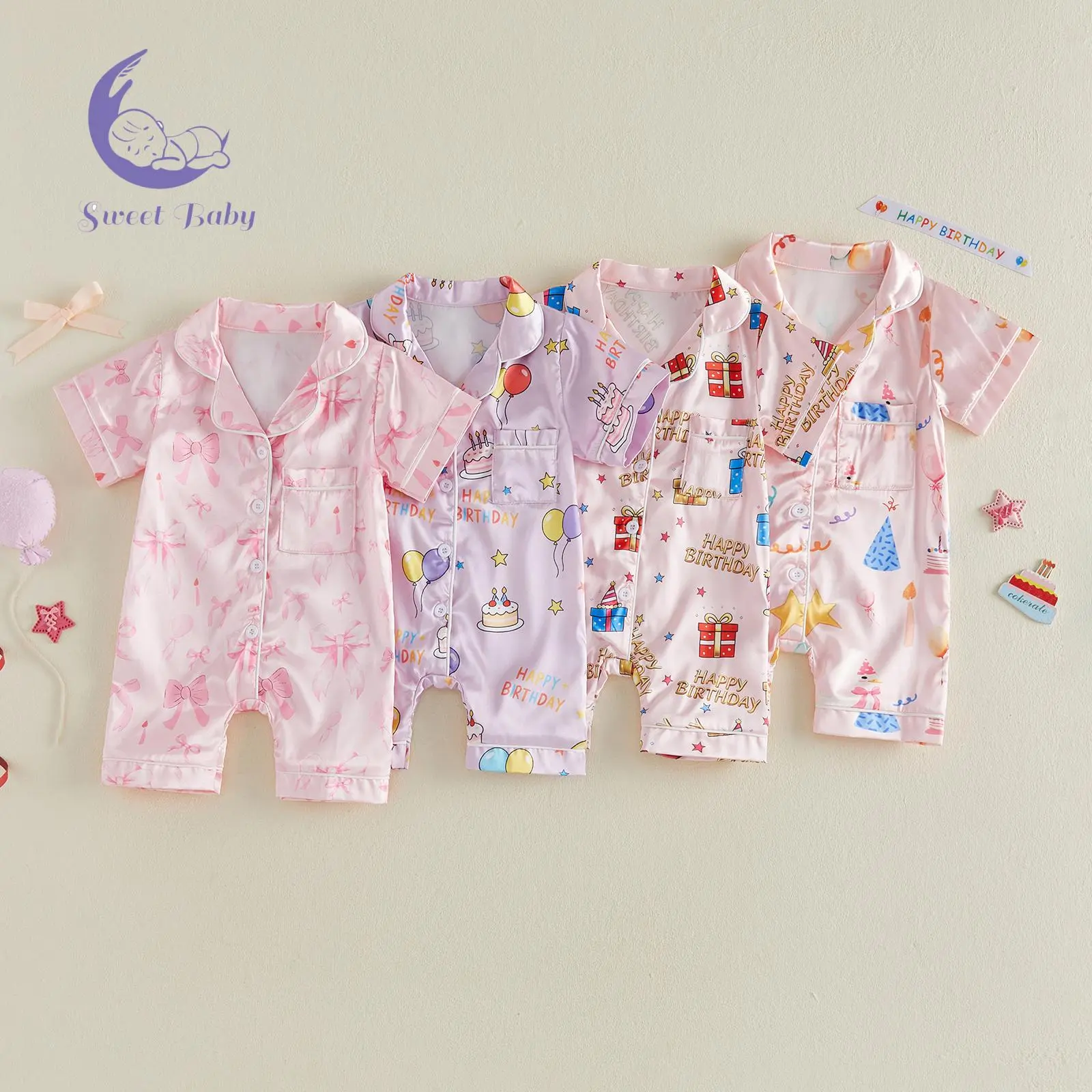 Baby Girl V-Neck Short Sleeve Romper, Birthday Print Jumpsuit with Pocket Detail, Colorful Lapel Design
