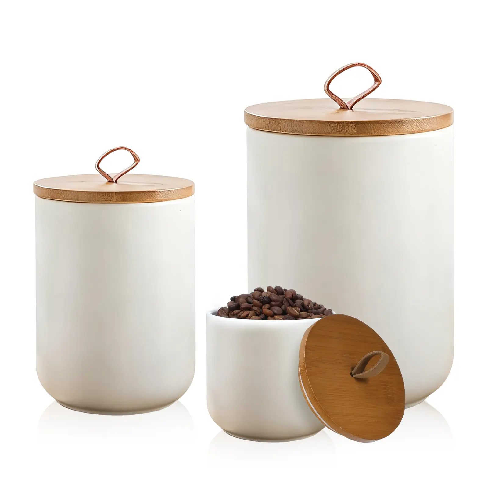 White Ceramic Canisters for Kitchen Counter - 3 Pcs Canisters with Airtight Wooden Lid Sets for the Kitchen, Airtight Food Storage Jars for Flour, Sugar, Coffee, Tea - Small, Medium, Large Sizes, Kitchen Accessories, Containers