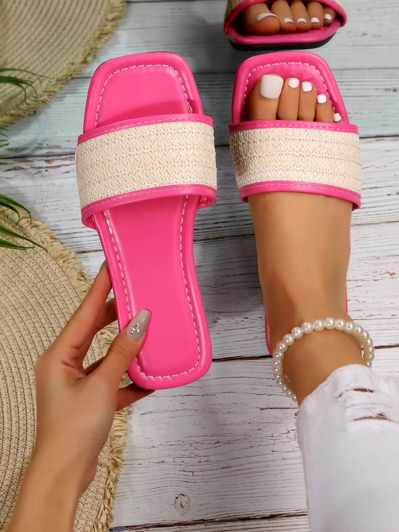 French Vintage Woven Strap Flatform Women's Sandals, Hot Pink, Square Toe, Medium Width, PVC Sole, Casual Style, Summer, Perfect for Dating, Beach, Travel, Footwear