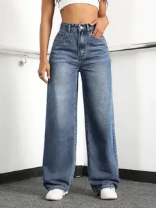 Women's High-Waisted Wide-Leg Elastic Boyfriend Jeans - Casual Style Lightblue Minimalist Basic Pants for Women, Cuff Trousers with Loose Stretch, Comfortable Cold Wash Winter Fashion Bottoms
