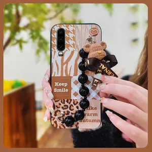 Skin-friendly feel Dirt-resistant Phone Case For Huawei P30 Bear bracelet protective case Back Cover soft case Black pearl pendant Anti-knock Simplicity Cartoon Waterproof cute