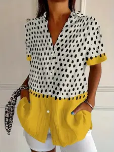 2026 French Retro Polka Dot Patchwork Shirt, Block Collar Single Button Short Sleeve Open Front Top