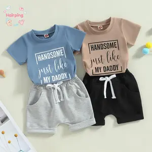 2Pcs Baby Boy Summer Outfits, Short Sleeve Letter Print T-Shirt + Tie Front Shorts Set, Casual Baby Boys Set