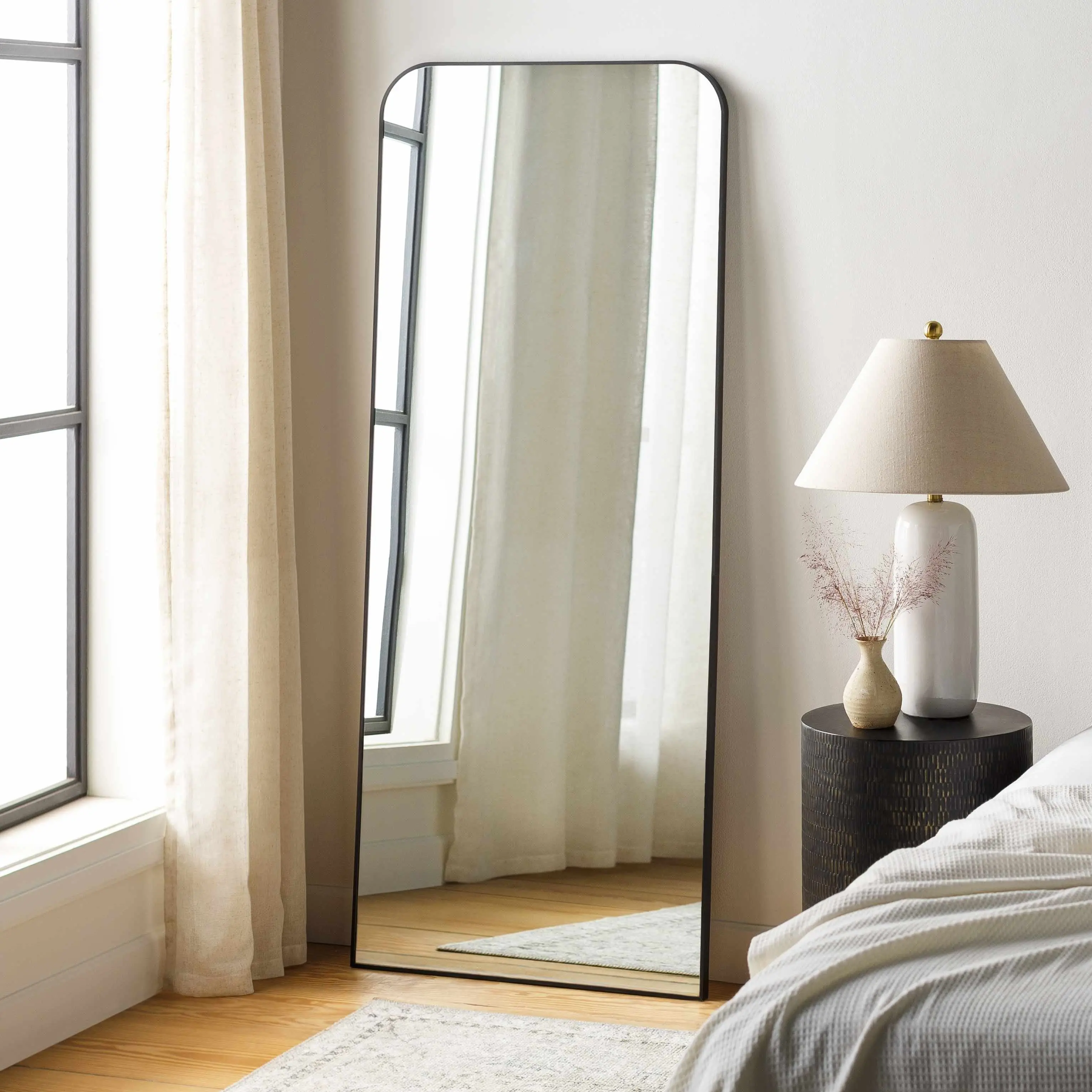 Lavezzola Black Frame Rounded Corners Mirror, Black Accent Floor Mirror for Home Decor, Room Decor, Black Accent Floor Mirrors