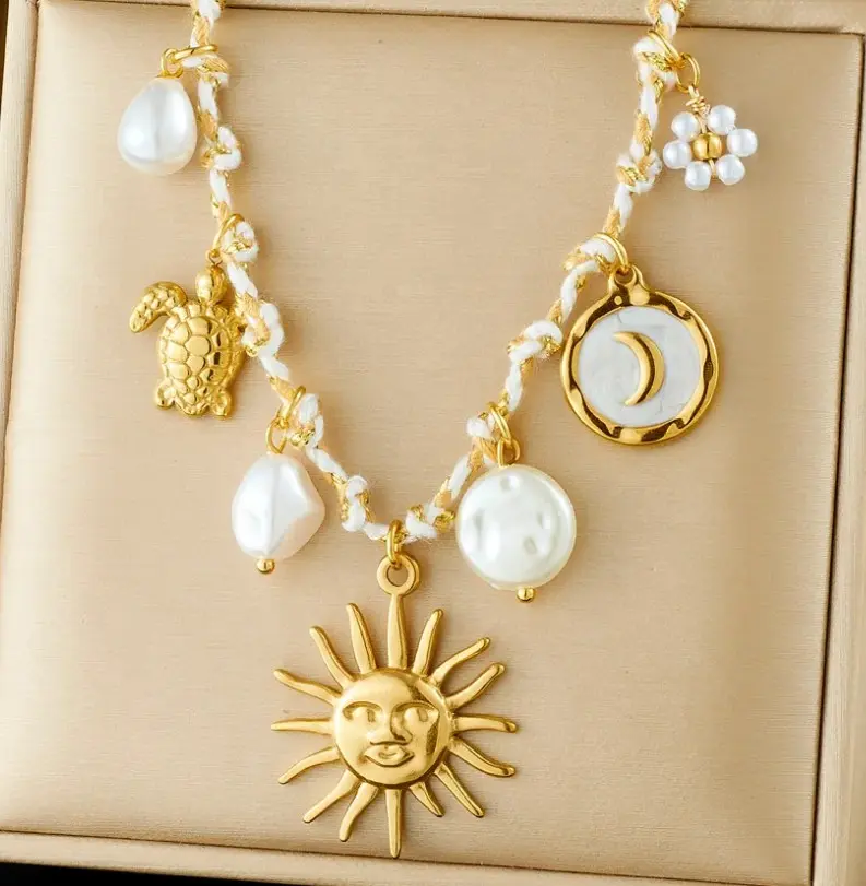 Women's Dainty Boho Coastal Accessory Necklace - Gold-Plated (Metal Coating) Ocean-Inspired Sea Life Charm, Adjustable Fabric-Chain & Link Cord, 19in, Lobster Clasp, Female Daily Wear, Meaningful Birthday Gift, Protective Packaging