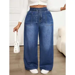 Plus Size Casual Relaxed Waist Elastic Waistband Straight Leg Blue Boyfriend Jeans Fit Womenswear Bottom Print Viscose Basic