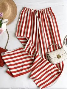 A women's Korean style Casual lazy red and white striped wide leg pants with fashionable elastic waistband and a slimming effect, suitable for all seasons, suitable for home, indoor, and outdoor wear Loungewear