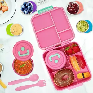 Kids Bento Lunch Box 4 Compartment 8.5oz Soup Thermo Leakproof Food Container Pink Insulated Lunch Bag Adjustable Strap Portable Lunch Kit for School Travel Picnic Camping Outdoor