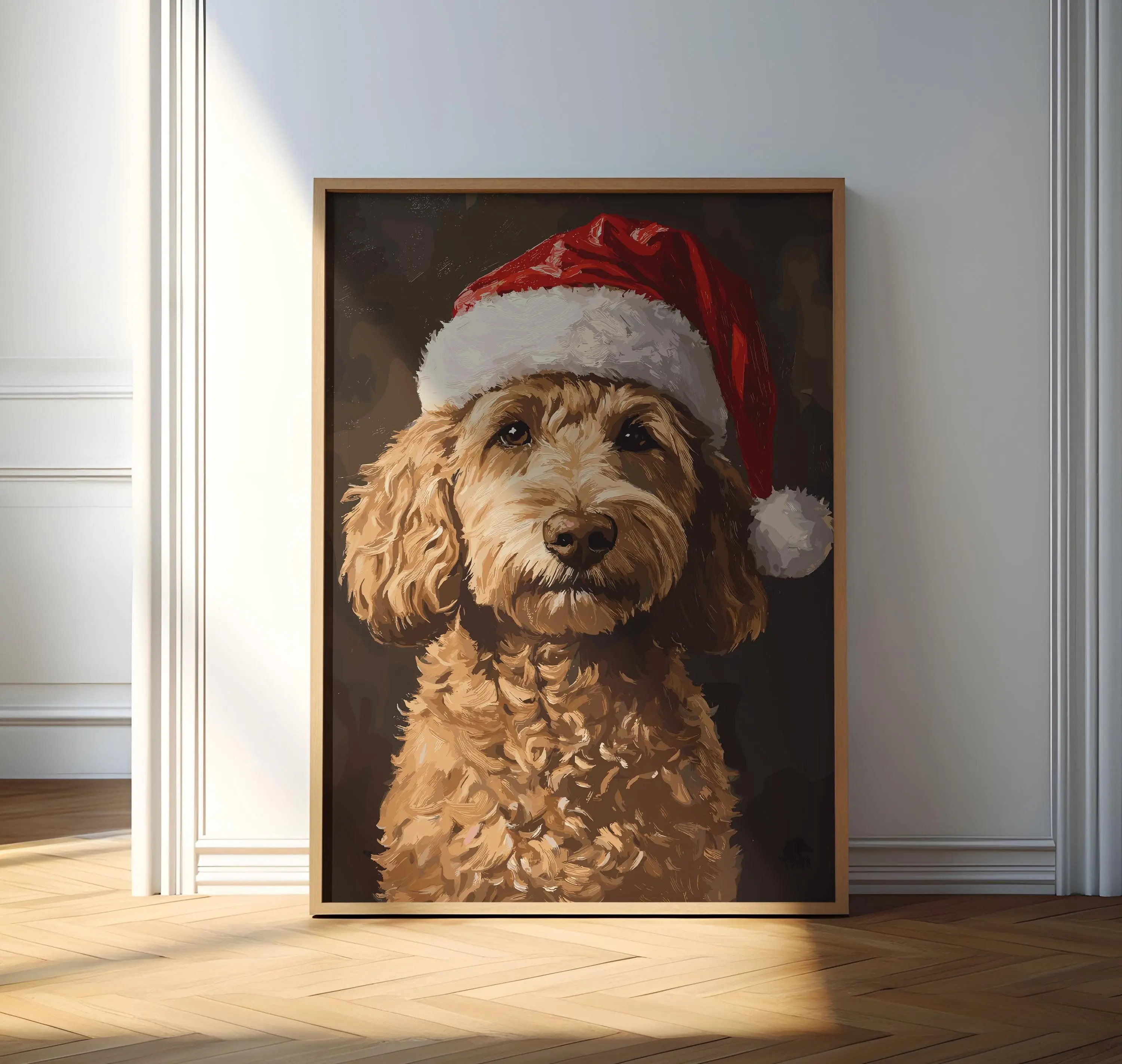[SALE UP TO 40%] [Unframed] Christmas Pet Painting, Goldendoodle Xmas Art, Christmas Dog Decor, Santa Dog Print, Vintage Dog Art, Goldendoodle Drawing, Christmas Poster