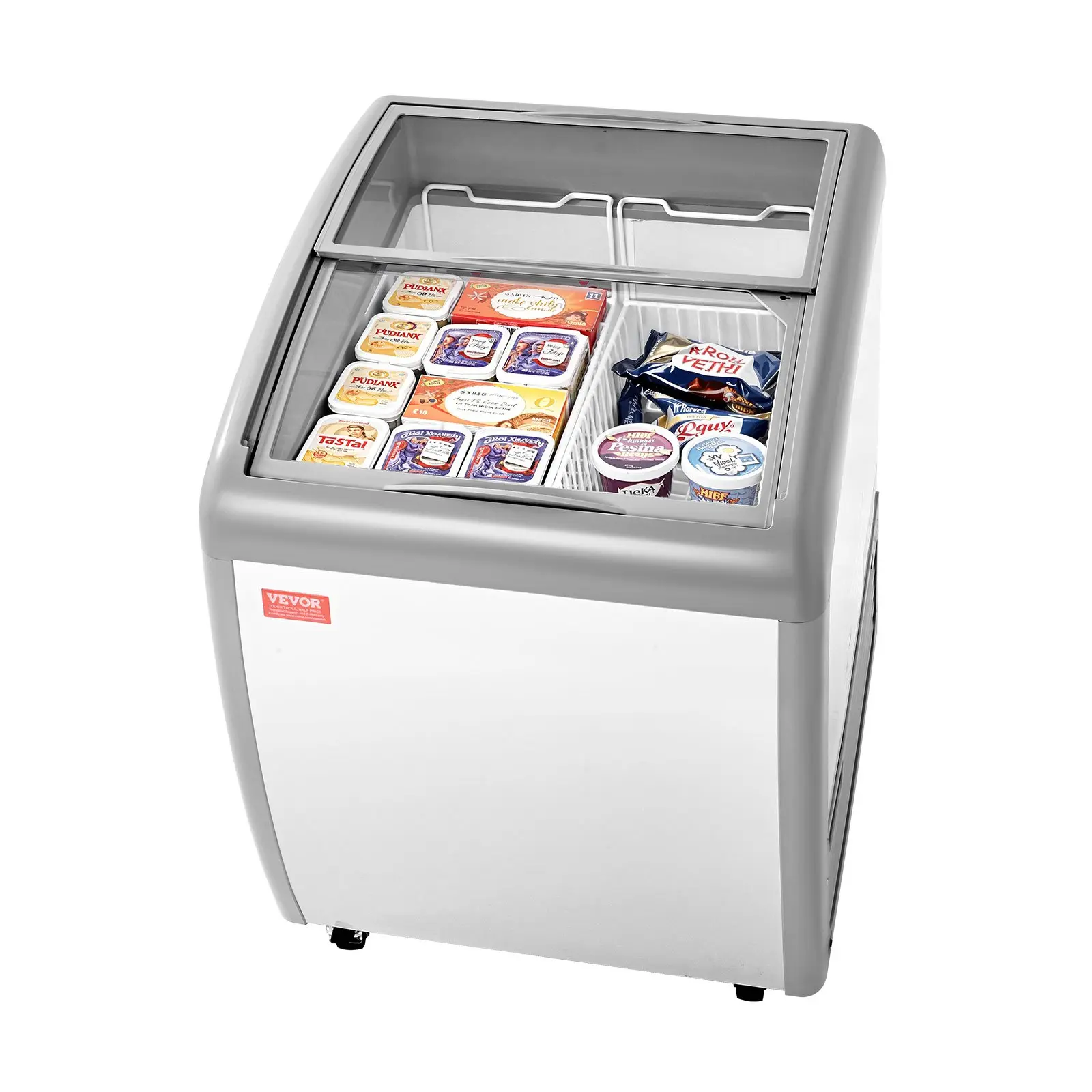 VEVOR Commercial Ice Cream Display Case, 5.4 Cu. ft 154 L Steel Plate Chest Freezer, -28 to -16 Temp Adjustable Mobile Top Deep Freezer with 2 Wire Baskets, 2 Sliding Glass Doors, Locking Castors, LED Lights, -19 To 3, 210W, Drainage Outlet