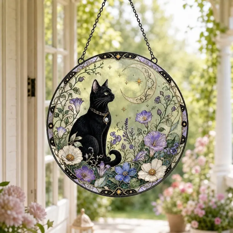 Mystical Black Cat Moon & Flowers Stained Glass Suncatcher, Celestial Window Hanging Ornament, Premium Vibrant Acrylic Art, Perfect Gift for Cat Lovers and Witchy Home Decor Aesthetics