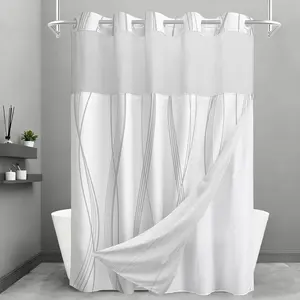 No Hook Shower Curtain and Liner Set, Grey Striped Shower Curtains with Snap in Fabric Liner, Hotel Ringless Waterproof Washable with See Through Top Window, 71" x 74"