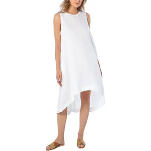 Women’s 100% Linen High Low Midi Dress with Pockets for Summer Casual Flowy Dresses Womenswear Underwear elegant short woman dress white dress Comfort Basic Crewneck summer outfits beach outfits Minimalist Sleeveless