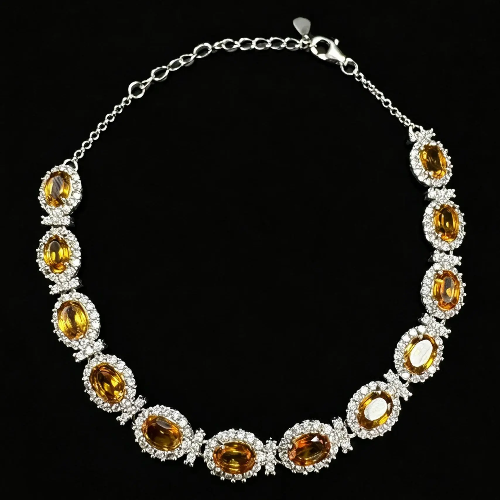 Women's 925 Sterling Silver Adjustable Chain Natural Citrine Tennis Bracelet - 21.5cm, Halo Setting Oval Stones, Halo Cubic Zirconia, for Evening Wear