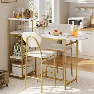 White Dining Table Set for 2,3-Piece Expandable Bar Table and Chairs Set,with Storage Shelves and Wine Rack,Small Kitchen Dining Set for Living Room,Apartment