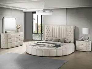Coaster 360111Q-S4 4 pc Sonya ivory boucle fabric tufted headboard round storage queen bed set with USB ports