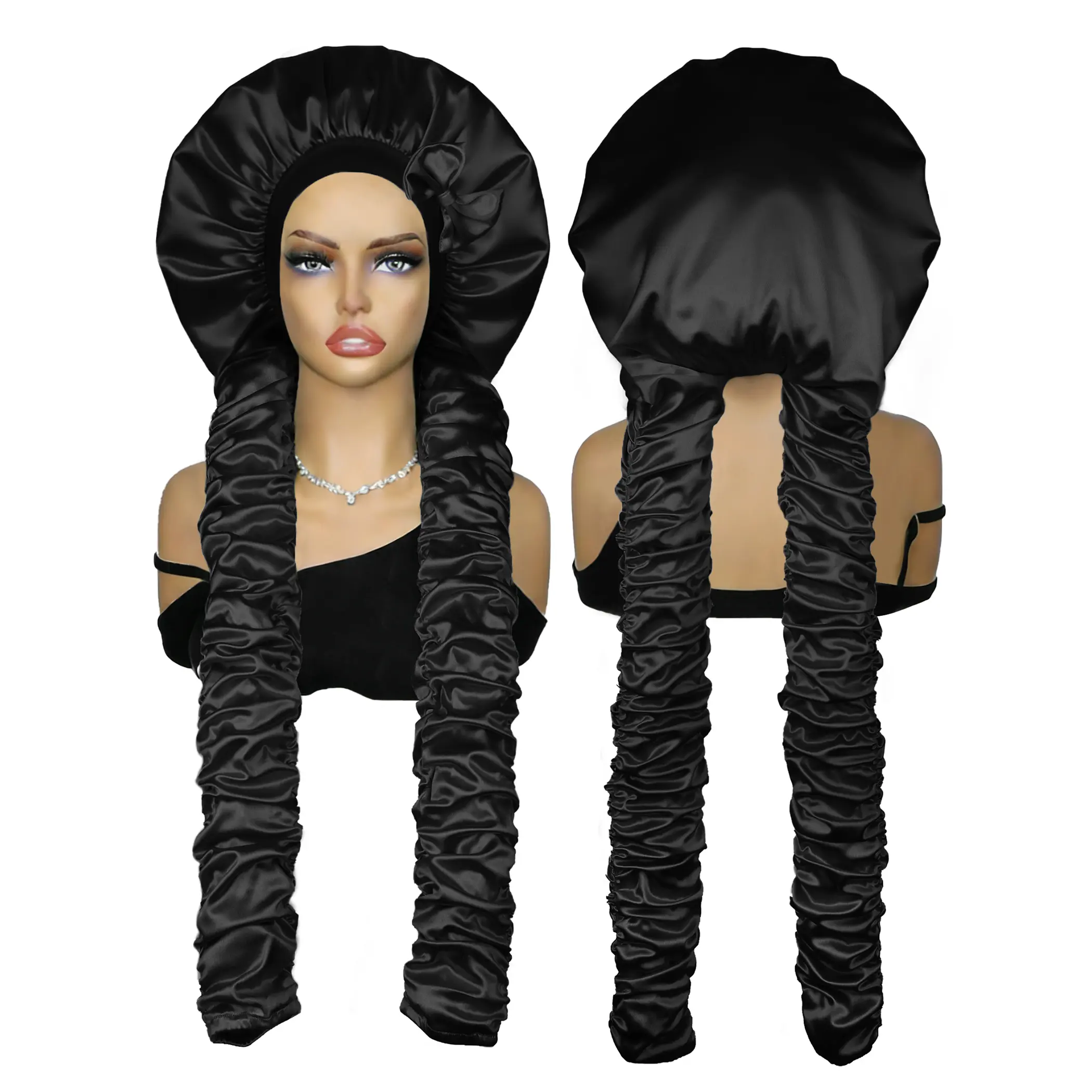 SeSe Code Extra Long Pleated Side Bands Satin Sleep Bonnet(Removed Button Design), Elastic Non-slip Hair Care Styling Cap