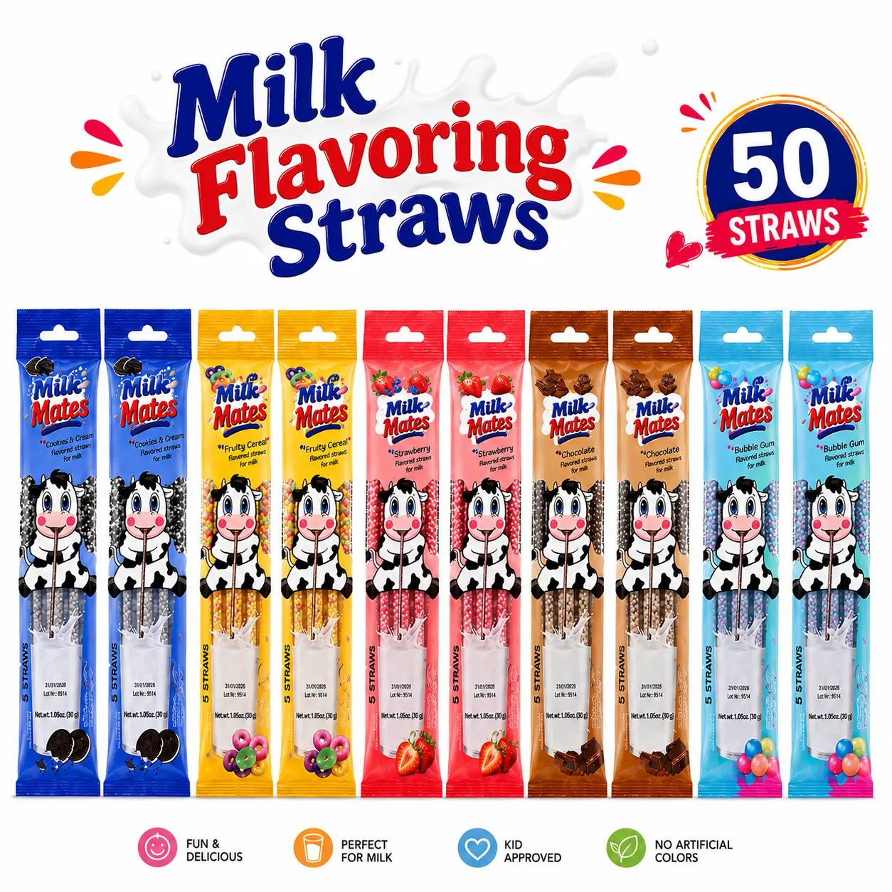 Milk Mild Flavoring Straws for 7 oz Glass of Milk – 10 Pack (50 Straws Total, 10 Straws of Each Flavor) Chocolate, Strawberry, Cookies & Cream, Fruity Cereal & Bubble Gum | Flavored Milk Straws for Kids