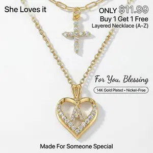 MEIITRUE Mom Love It Blessing, Buy 1 Get 1 Free A-Z Personalized Initial Pendant Heart Cross Necklace 14k Gold Plated Cubic Zirconia Layered Design With Gift Box for Women,Mom, Wife, Daughter, Sister, Friend, Classmate, Grandma, Aunt, Bride, Bridesmaid